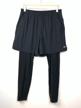 ALO Yoga Revival 2-in-1 Pants Mens Sz Large Black Tights Shorts Zip Pockets Gym